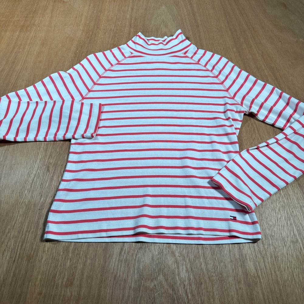 Vintage Y2K Tommy Hilfiger Womens Large Striped Mock Neck Long Sleeve Shirt